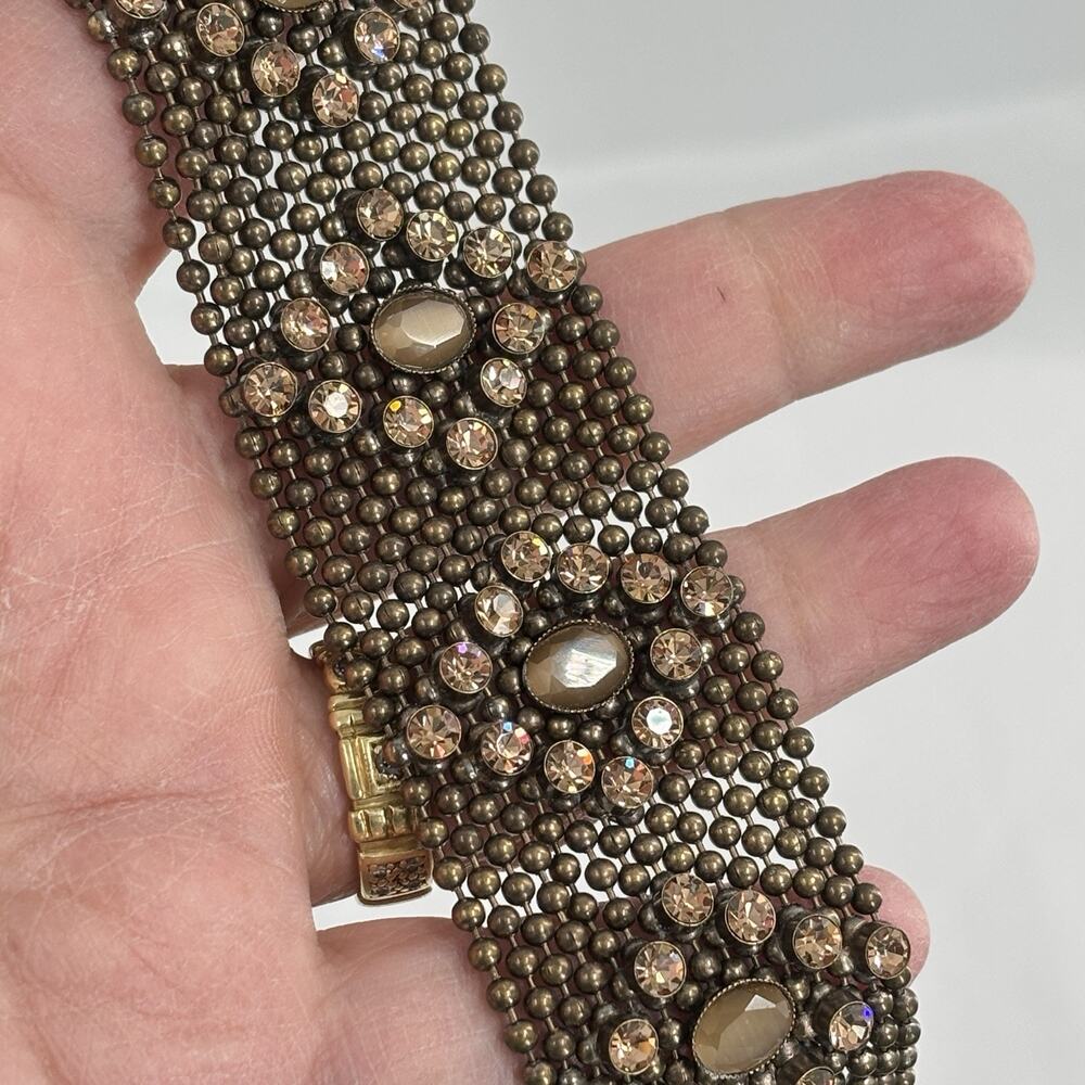 Vtg Copper Bracelet Slinky Mesh Rhinestones Micro Ball Beaded